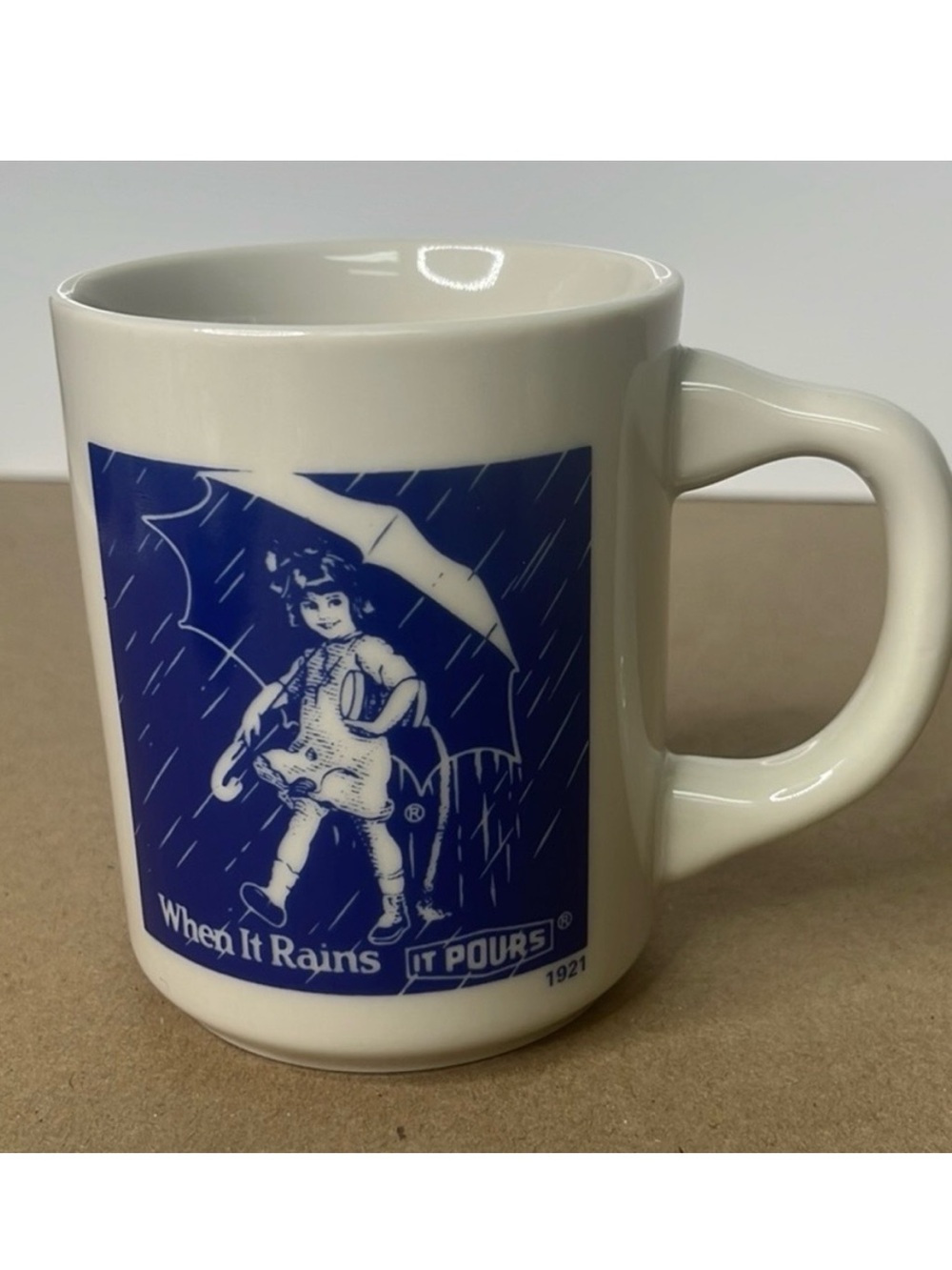 Vintage Morton’s Salt Blue & White 'When It Rains It Pours' 1921 Advertising Mug